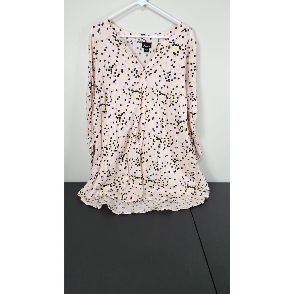 Simply Emma Top Womens 3X Pink Polka Dot Long Sleeve V Neck Popover Plus Size